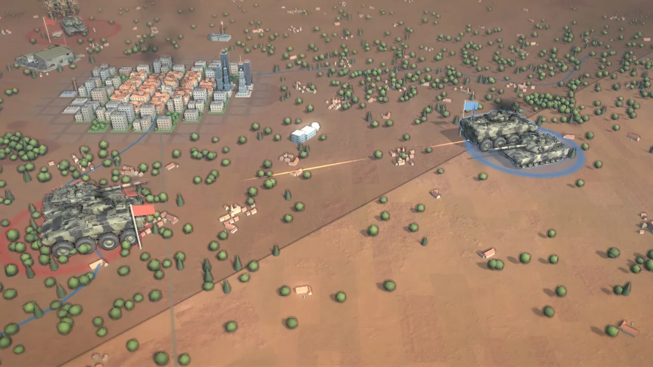 Tanks and infantry in combat near a city